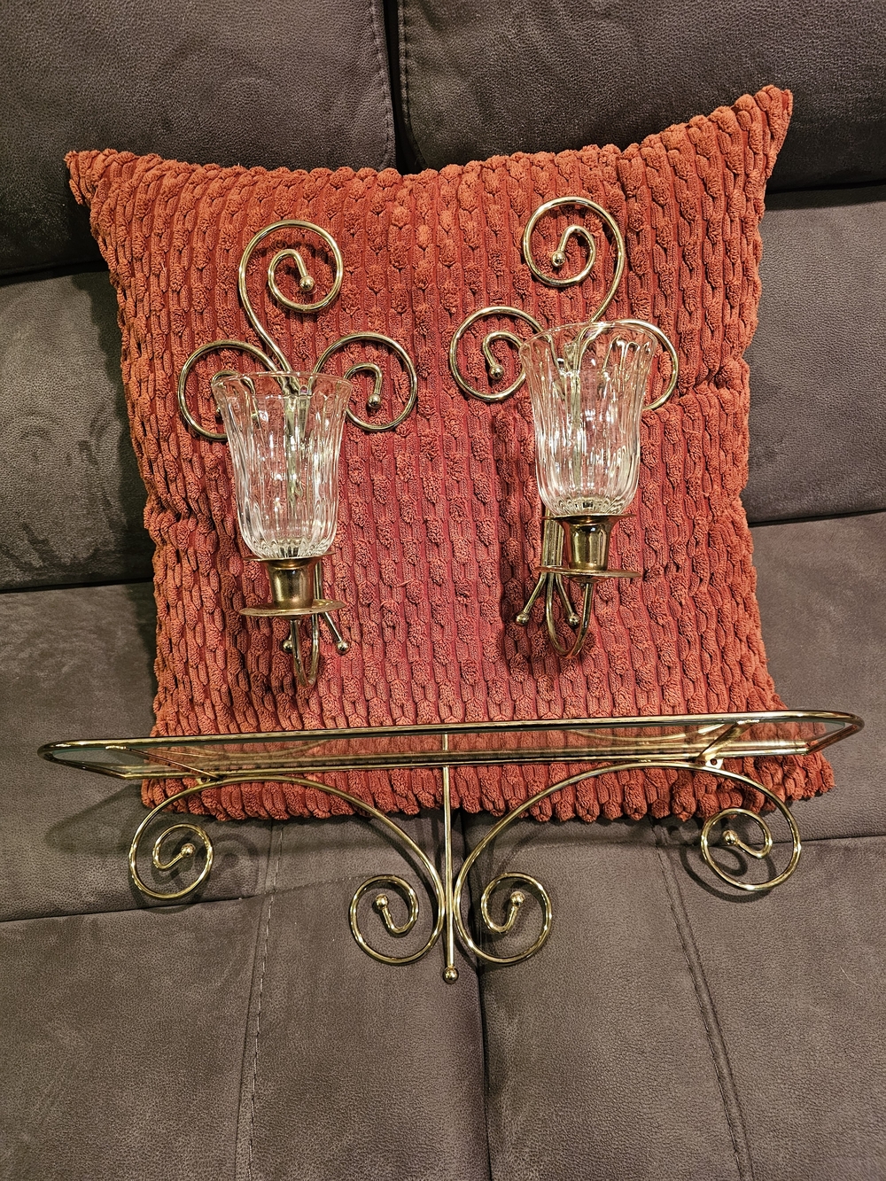 Gold Scroll Wall Sconce Pair with Glass Shades - Gold Finish Metal- Glass Shelf